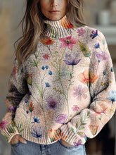 Women's Vintage Art Watercolor Flowers Print Knit Turtleneck Pullover Sweater